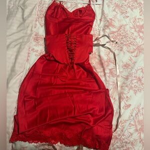 knee length dresses for ladies Anais scarlet satin corset midi dress NWOT Authenthic – JackiesClosetNYC main image 0